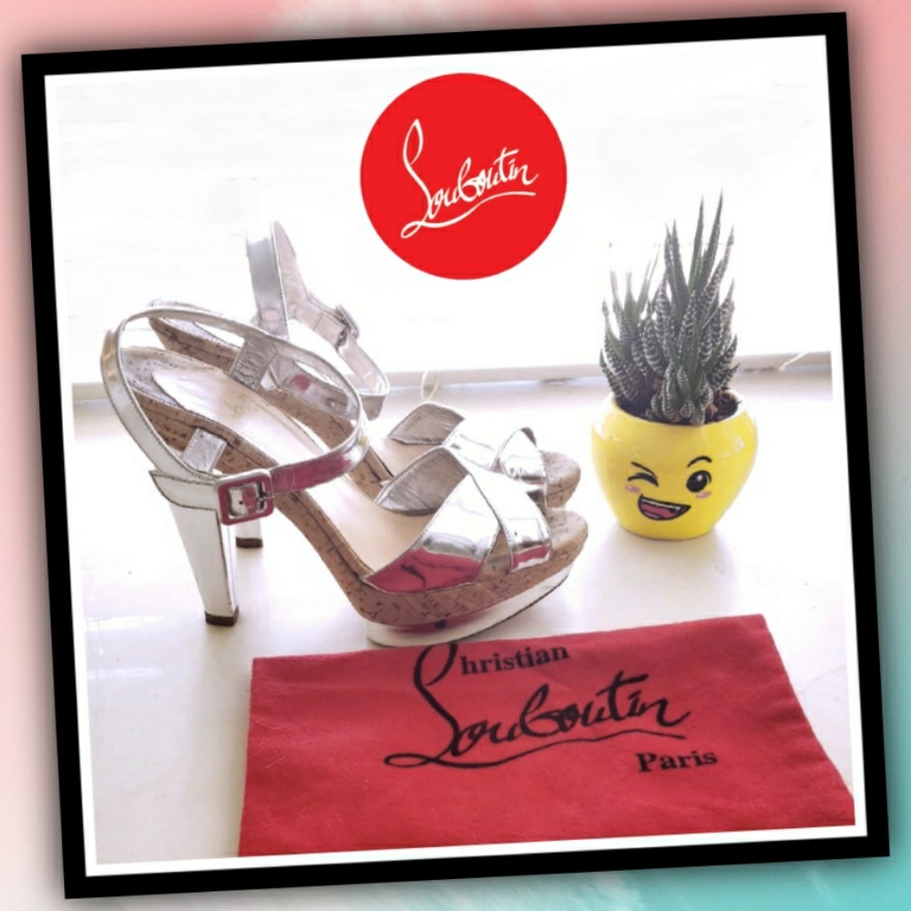 LOUBOUTIN Strappy Silver Cork Heels
